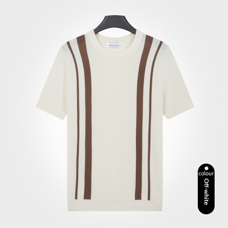 Mens Ice-Silk Cool-Feel Striped Crew-Neck Knitted Top