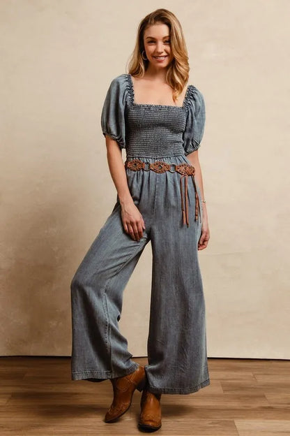 BiBi Smocked Washed Puff Sleeve Square Neck Denim Jumpsuit