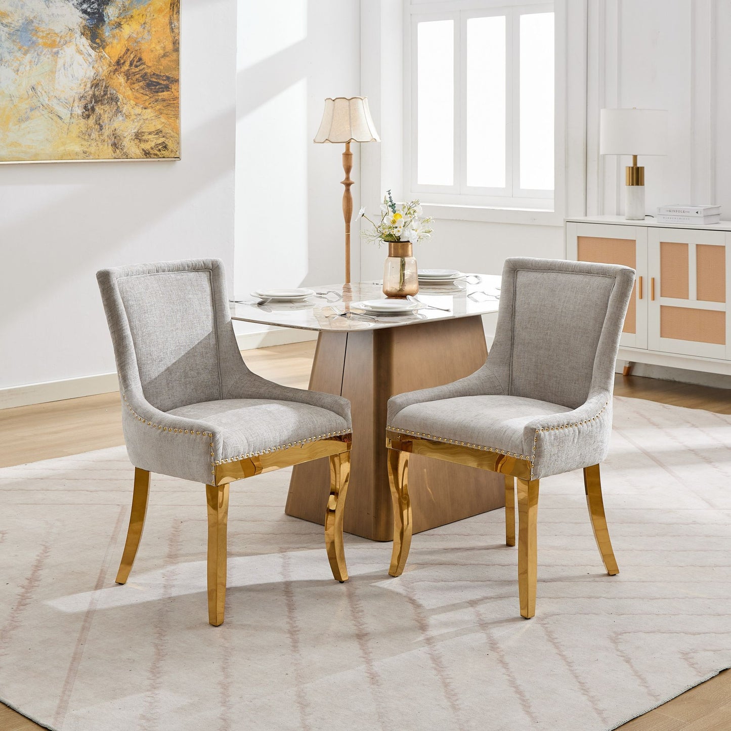 Chenille Dining Chairs, Modern Style with Curved Gold - Plated Legs & Rivet