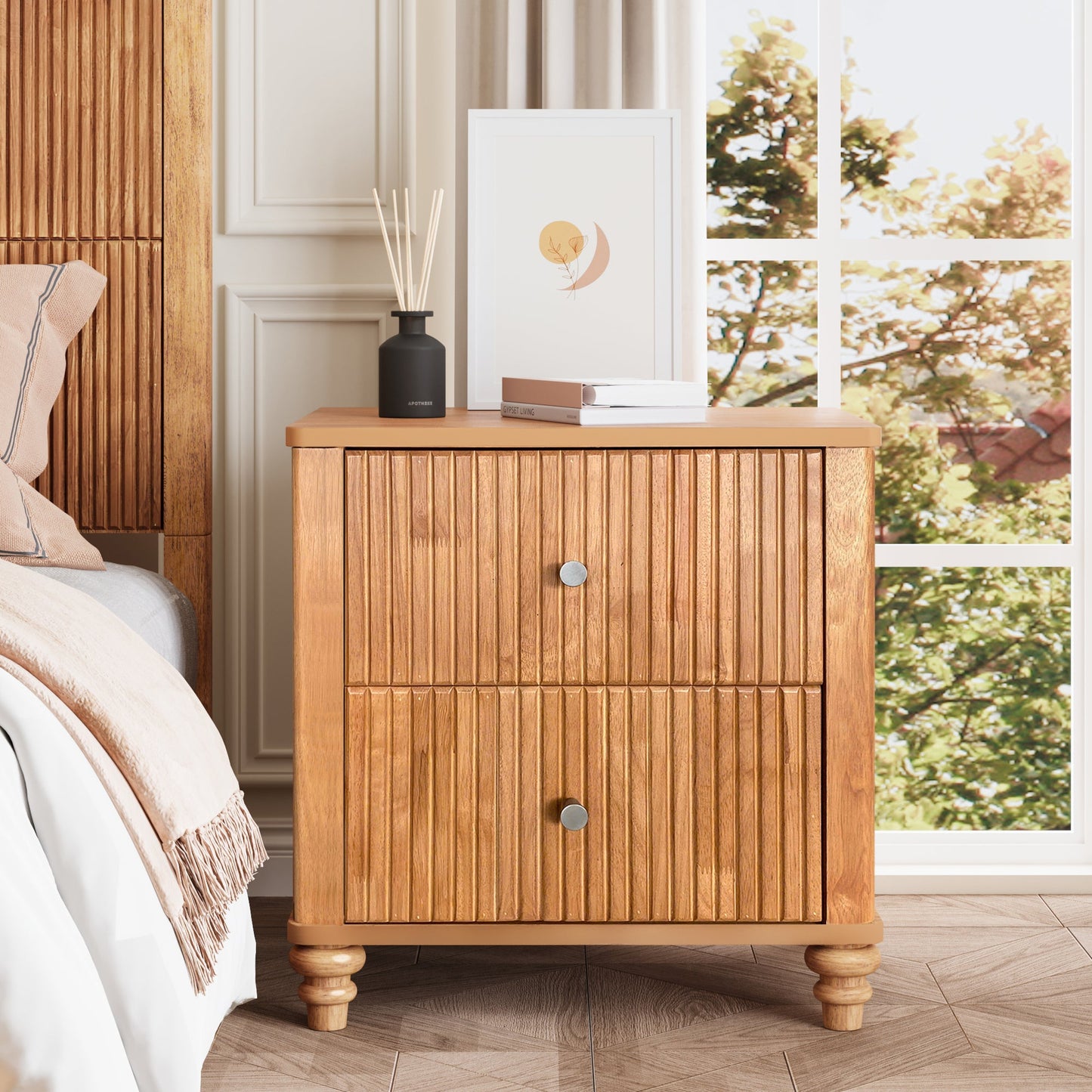 Mid Century Fluted Nightstand with 3 Drawers, 21.65 in Wide, Natural, 2-Piece
