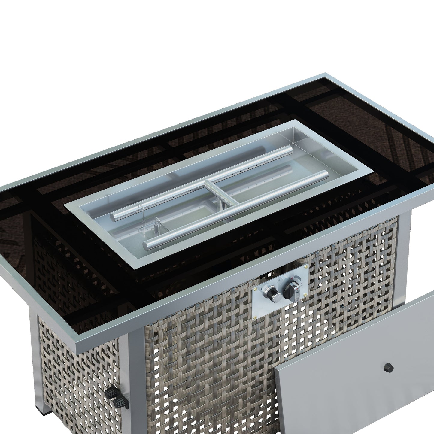 43 in Propane Gas Fire Pit Table 60,000 BTU Rectangular Open Weave Wicker, Grey