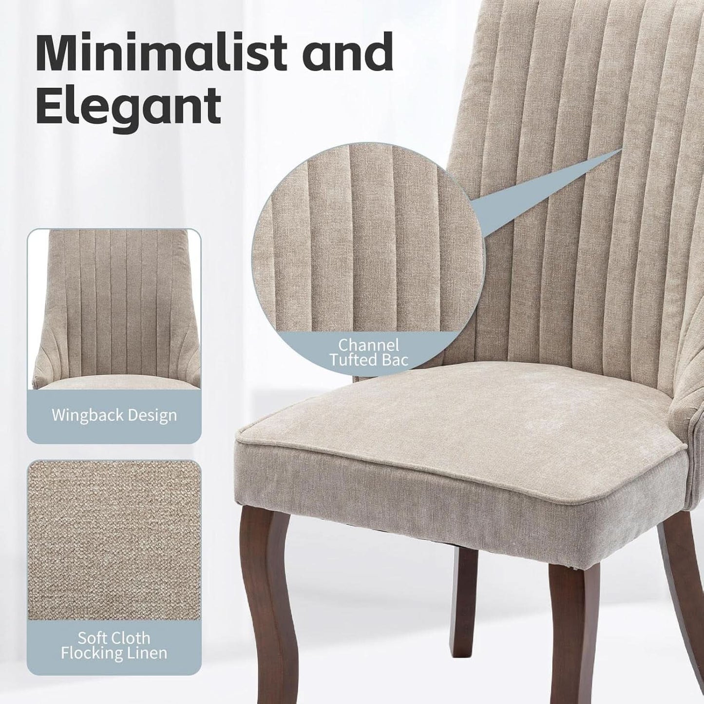 Beige Upholstered Dining Chairs 2 Pack Curved Wood Legs