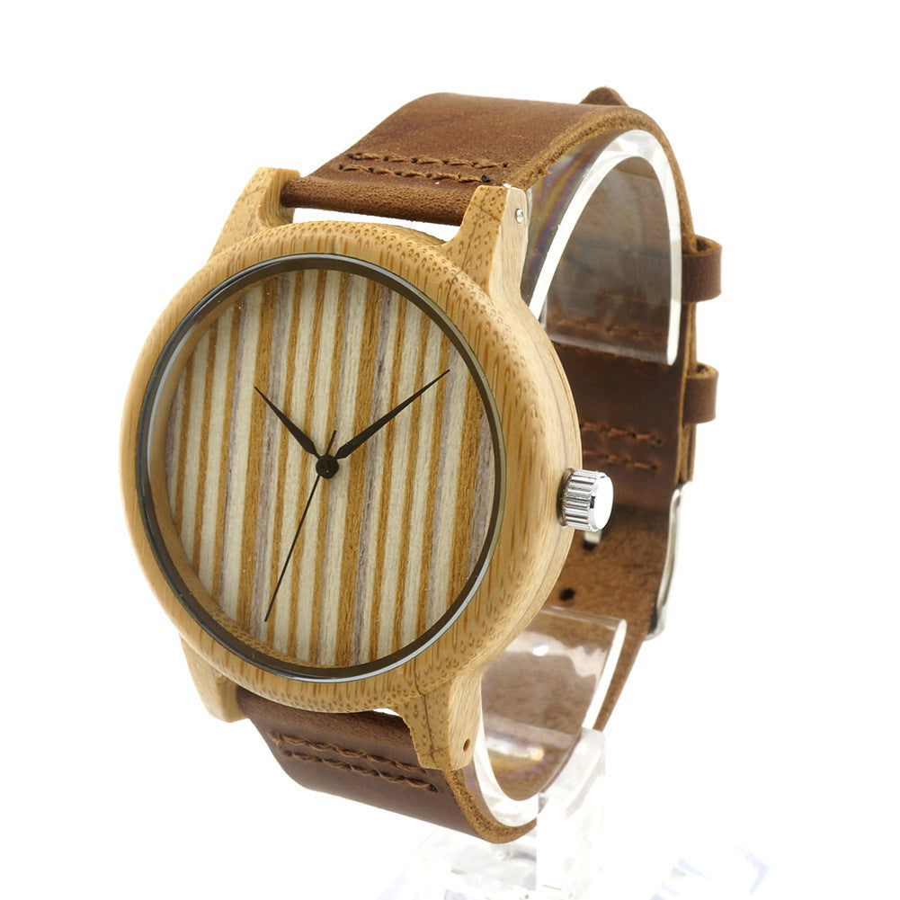 Single-bamboo Wooden-layer Cowhide Mens Wooden Watch