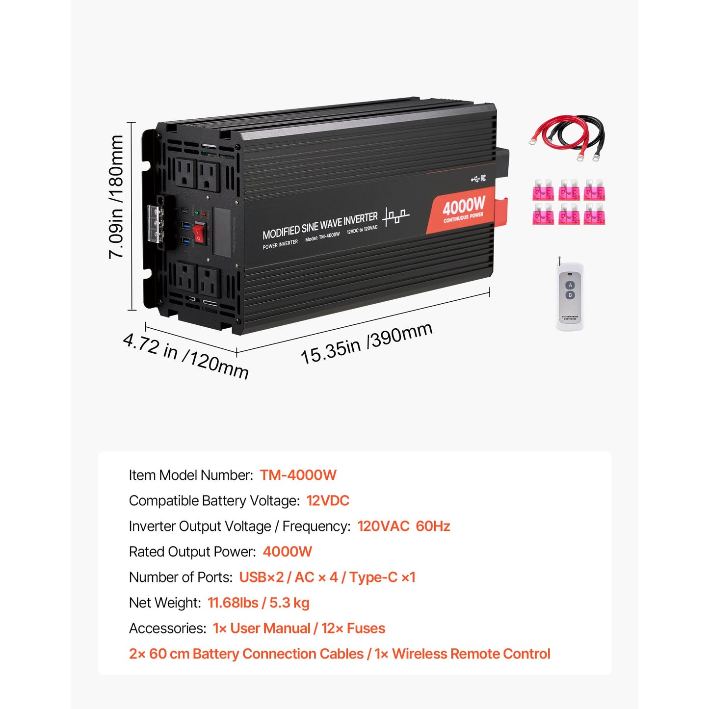 4000W Modified Sine Wave Power Inverter, 12V to 120V, LCD, USB, for RV Truck
