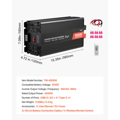 4000W Modified Sine Wave Power Inverter, 12V to 120V, LCD, USB, for RV Truck