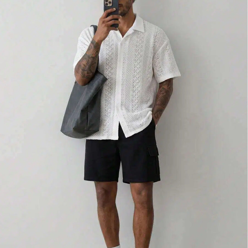 Old Money Style Cuban Collar Hollow Out Knitted Short Sleeve Shirt