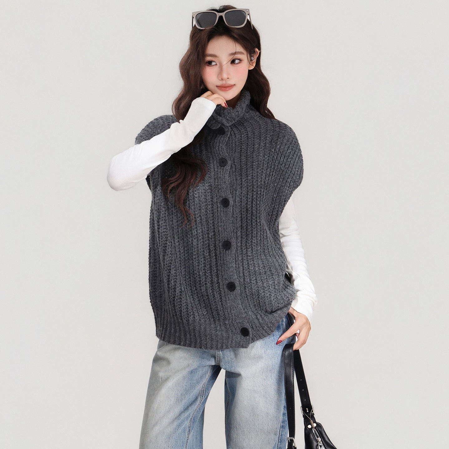 Grey Lapel Knitted Vest Sweater Warm Coat Women's Autumn And Winter Innerwear Top