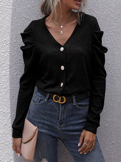 Ribbed V-Neck Button-Up Cardigan