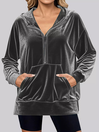 Full Size Half Zip Kangaroo Pocket Hoodie Plus Size