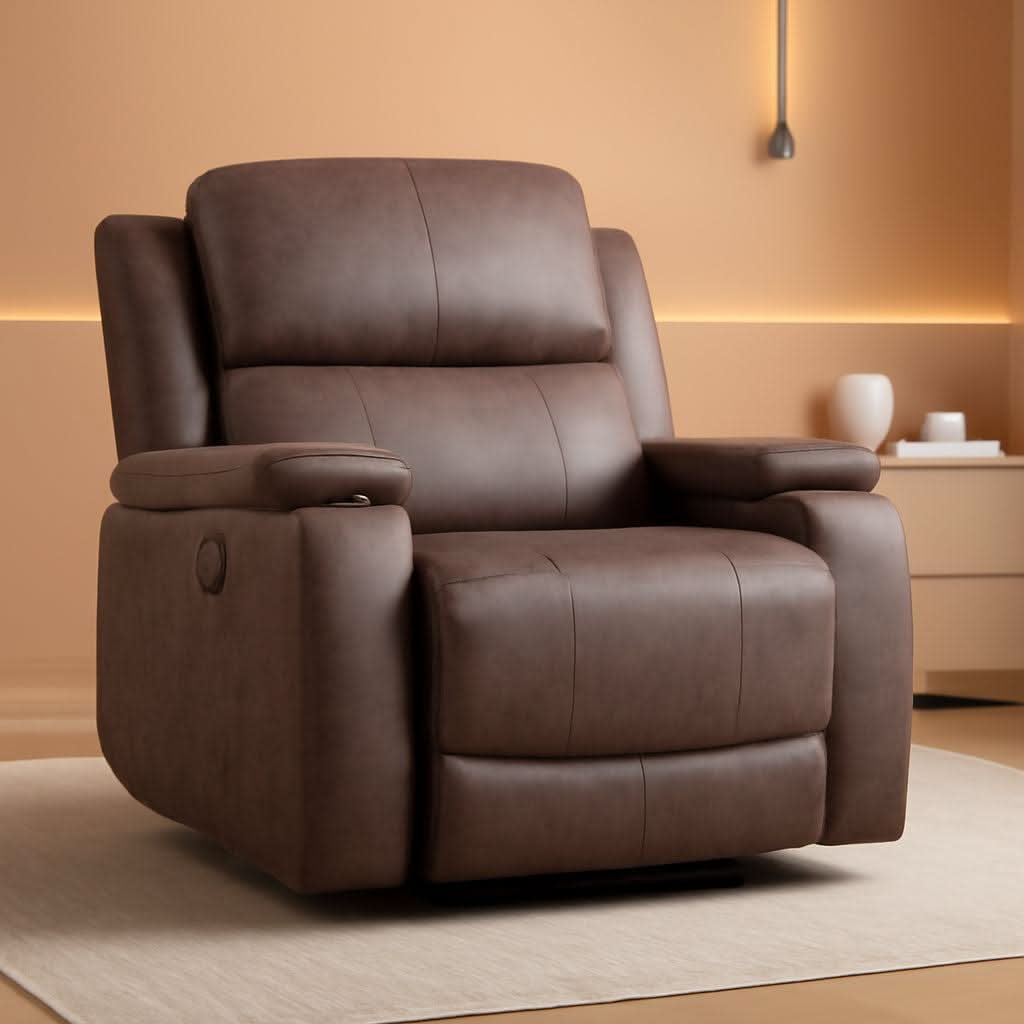 Grey Full Grain Leather Manual Recliner With Cup Holders