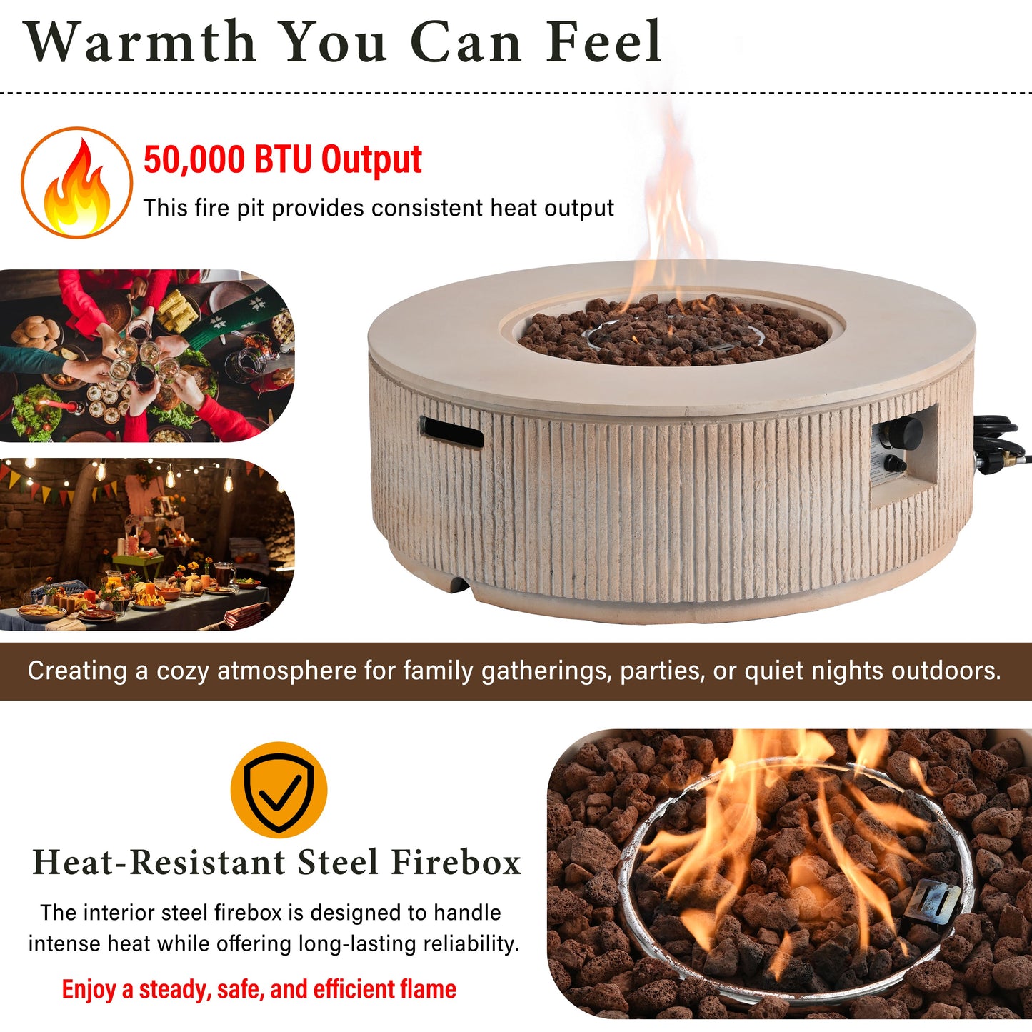 Fire Pit Propane Round MGO 50000 BTU with Tank Cover Table 38.19 In