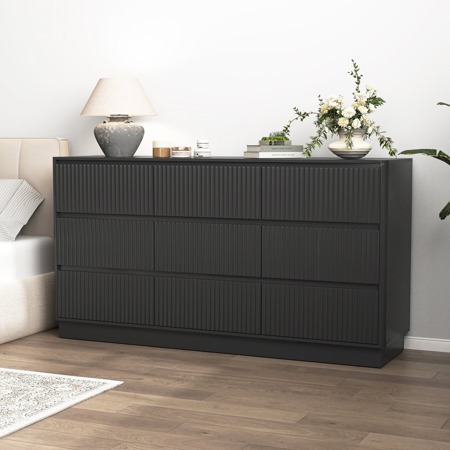 Mid-Century 9-Drawer Black Wave Dresser 59.1x15.7x31.6