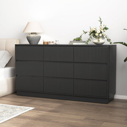 Mid-Century 9-Drawer Black Wave Dresser 59.1x15.7x31.6