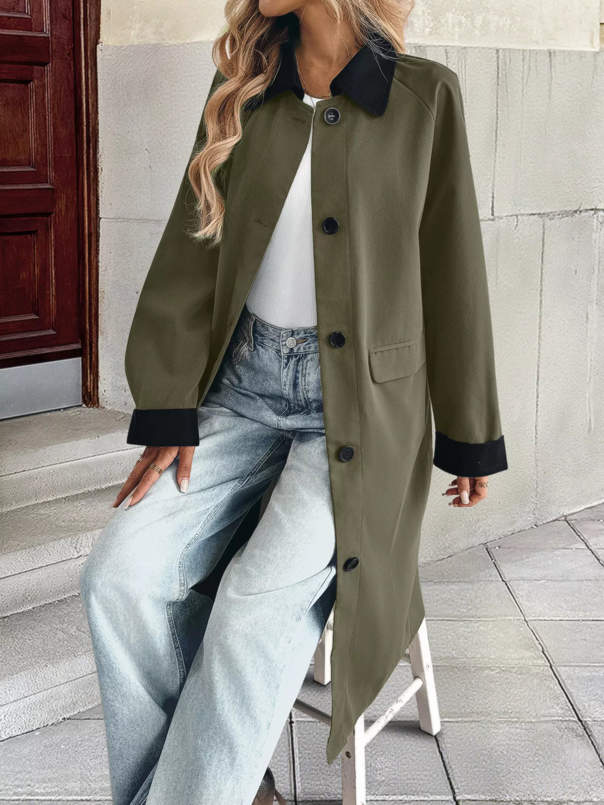 Contrast Collar Button Up Coat