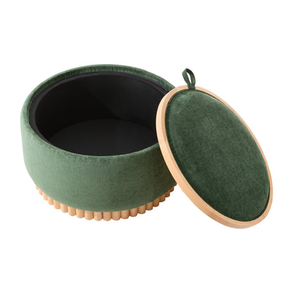 29 Inch Round Storage Ottoman Solid Rubberwood Legs Chenille, Green