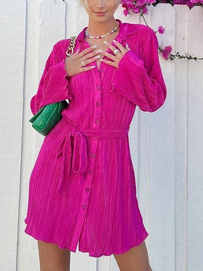 Tied Button-Up Long Sleeve Dress