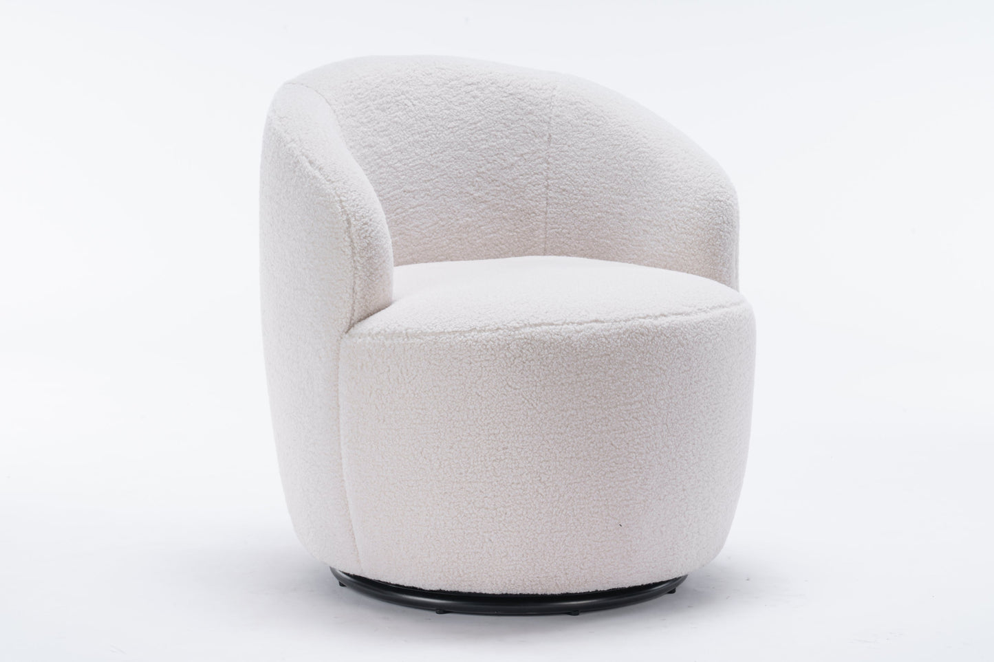 Accent Chair Swivel Barrel Teddy Fabric Ivory Black Ring Base 360 Degree 250 LB