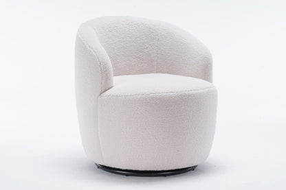 Accent Chair Swivel Barrel Teddy Fabric Ivory Black Ring Base 360 Degree 250 LB