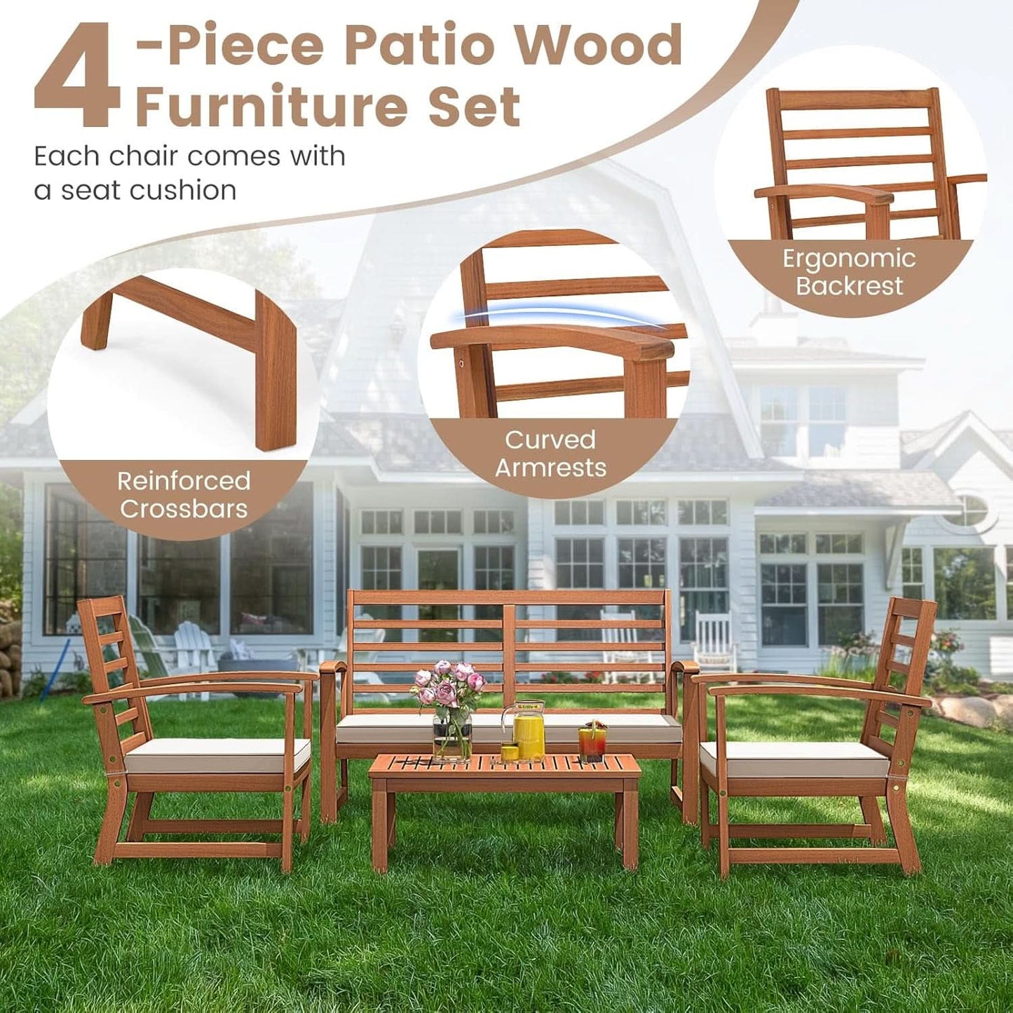 Acacia Wood Outdoor Conversation Set With Cushions White