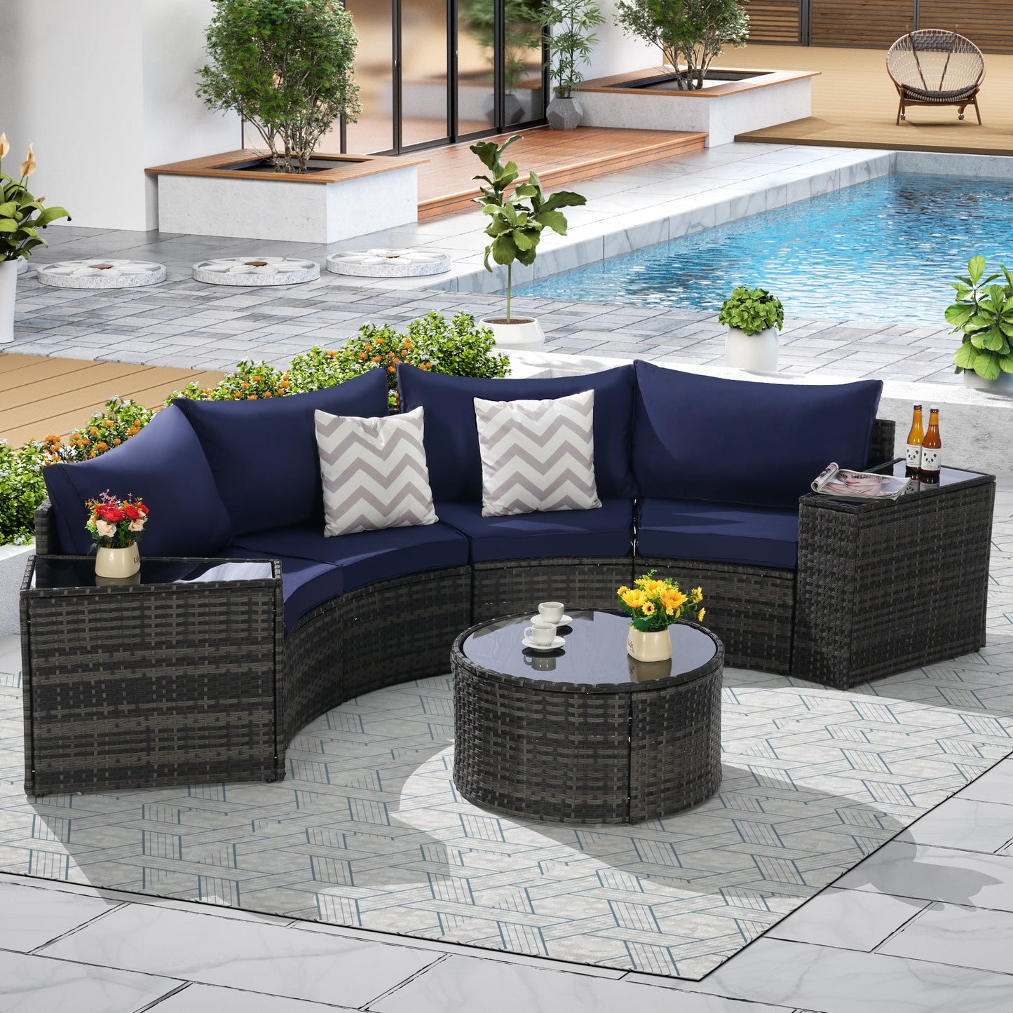 Outdoor Sectional Set PE Rattan Steel Dark Blue Half Moon 7 Piece 380 LB