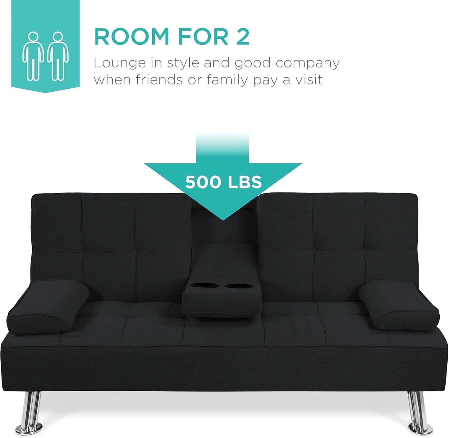 Black Linen Folding Futon Recliner With Cupholders