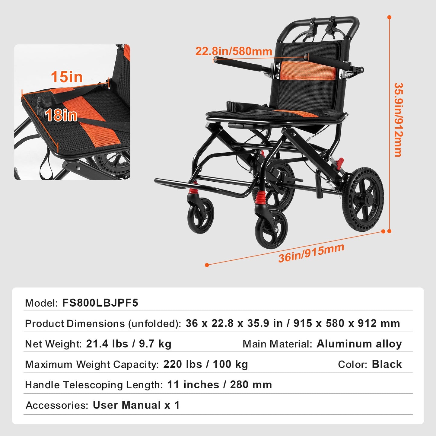 Manual Wheelchair Folding Aluminum 18" Seat 220 LB Capacity