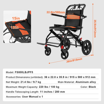 Manual Wheelchair Folding Aluminum 18" Seat 220 LB Capacity