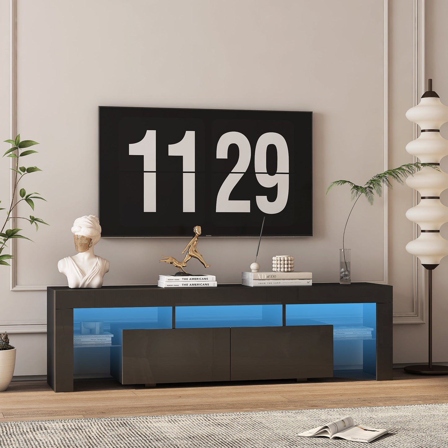 TV Stand LED High Gloss Black Storage Cabinet Fits 65