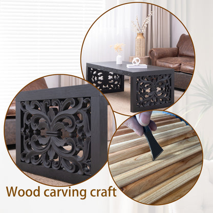 47.2 in Solid Black Carved Wood Coffee Table, Handcrafted Ornate Side Panels