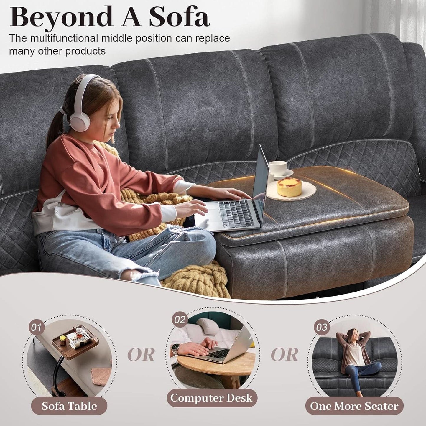 Grey Three Seater Manual Recliner Sofa Modern Living Room