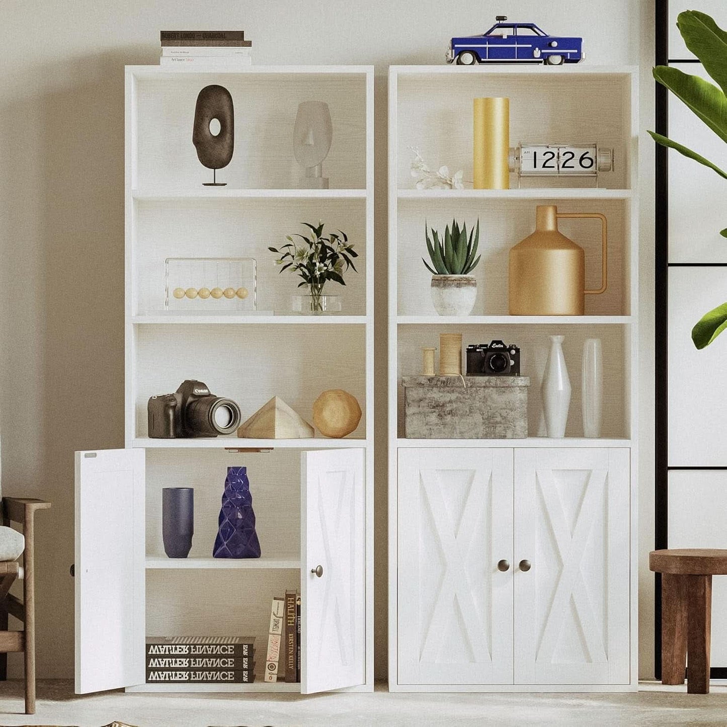 Industrial Bookshelf With Doors 11.8 Depth 5 Shelf Bookcase