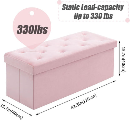 Pink 43 Inch Velvet Lux Foldable Storage Ottoman Bench