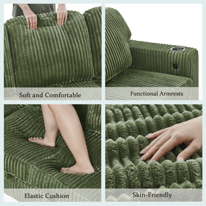 Sofa Bed L-Shape Corduroy Olive Green 5 Seat Pull-Out USB Ports 81 In