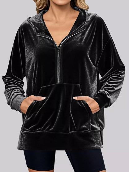 Full Size Half Zip Kangaroo Pocket Hoodie Plus Size