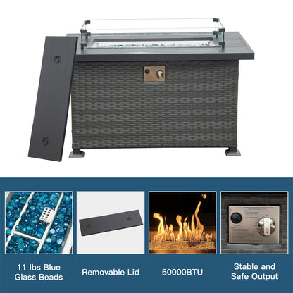 43.3 Inch Fire Pit Table with Glass Wind Guard 50000 BTU Wicker, Dark Gray