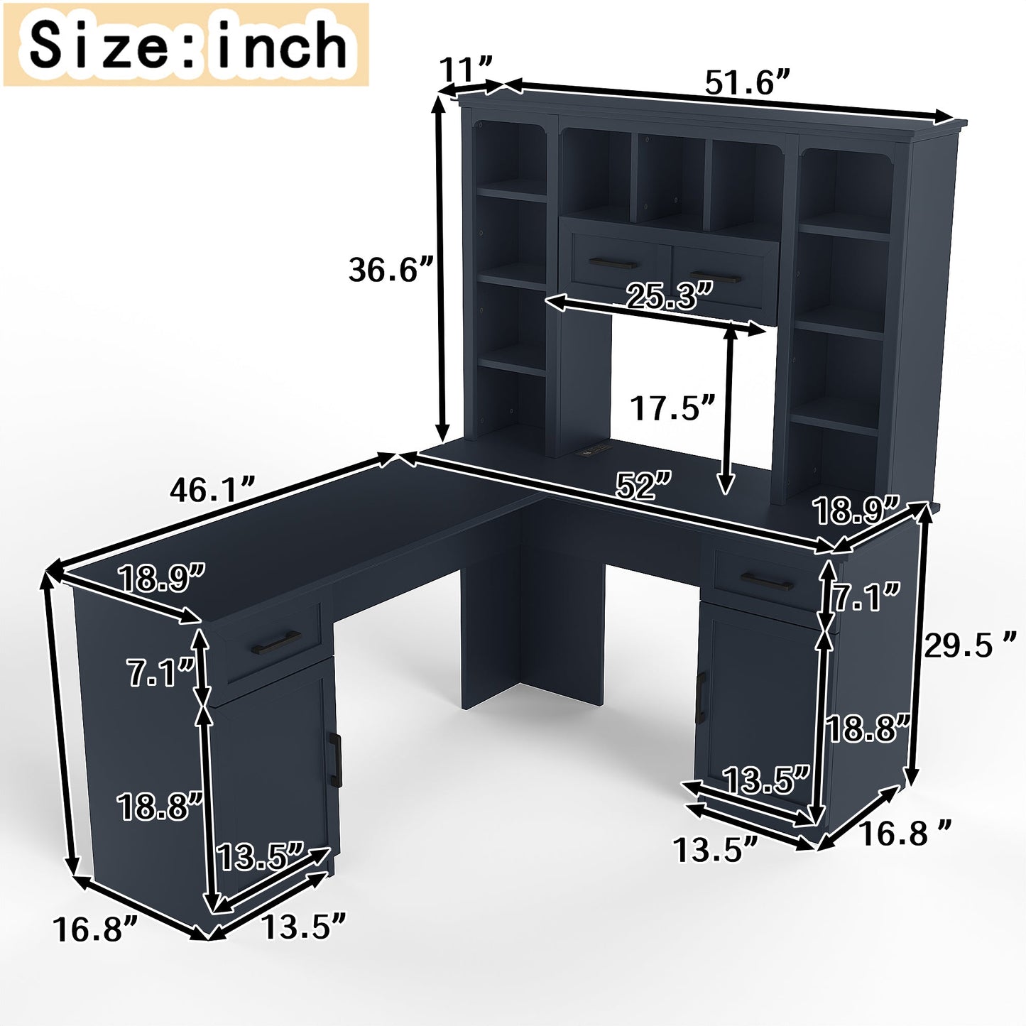 L-Shaped Computer Desk with 2 Cabinets and 2 Drawers, 11 Open Shelves and 1 R...