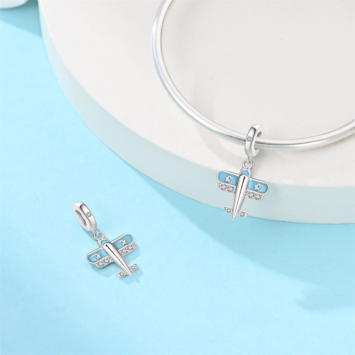 Blue Oil-drip Plated Silver Bow Bracelet And Necklace With Beads