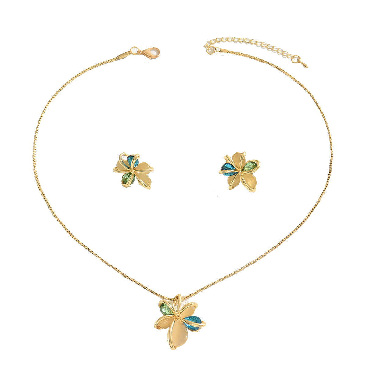 Niche Literary Vintage Elegant Women Jewelry Set, Baroque Floral Design Inlaid Synthetic Gemstone, Matching Stud Earrings & Clavicle Chain