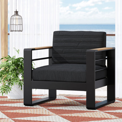 Outdoor Club Chair Aluminum Black Slat Design Water-Resistant 32x27.5x24.75 In