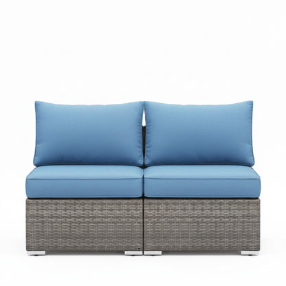 Outdoor Patio Sofa Set PE Rattan Blue 2 Piece Armless Modular