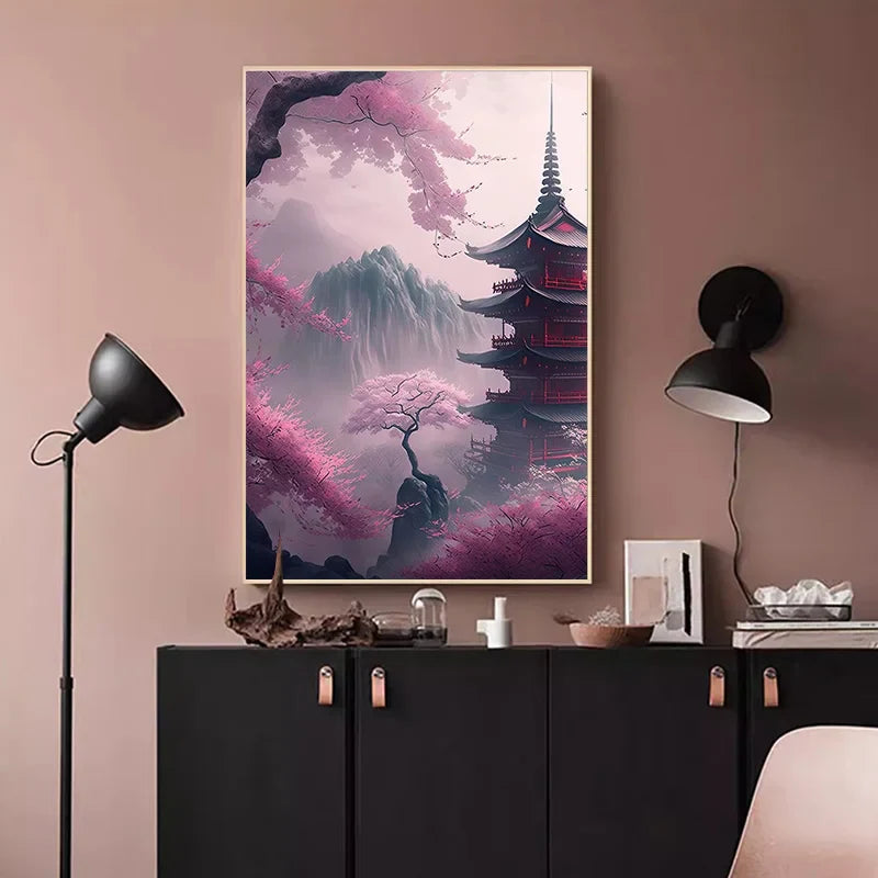 Japanese Cherry Blossom Fuji Mountain Sunset Tokyo Scenery Poster HD Printed Canvas Painting Wall Art Pictures Room Home Decor