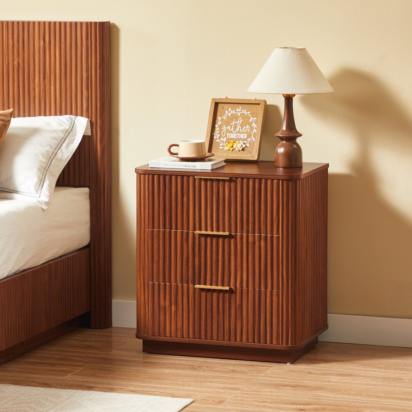 3-Drawer Nightstand Set of 2, 23.6 in Wide, Curved Wave Design, Walnut