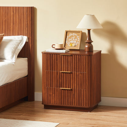 3-Drawer Nightstand Set of 2, 23.6 in Wide, Curved Wave Design, Walnut
