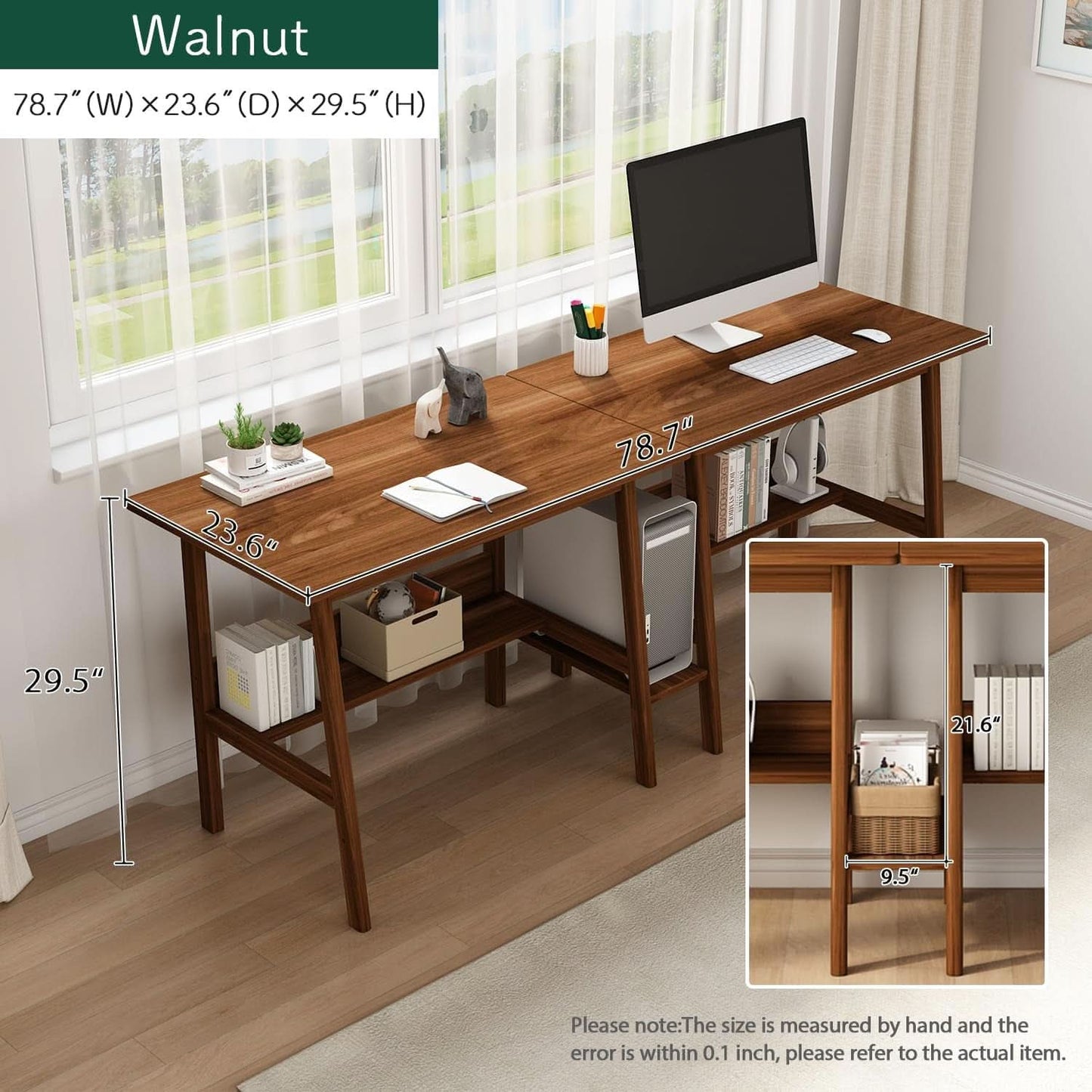 Two Person Desk Walnut 79 Inch Extended Workstation Shelves