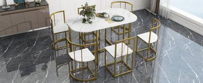 Modern 7-Piece Dining Table Set with Faux Marble Compact 55 In Kitchen Table Set for 6