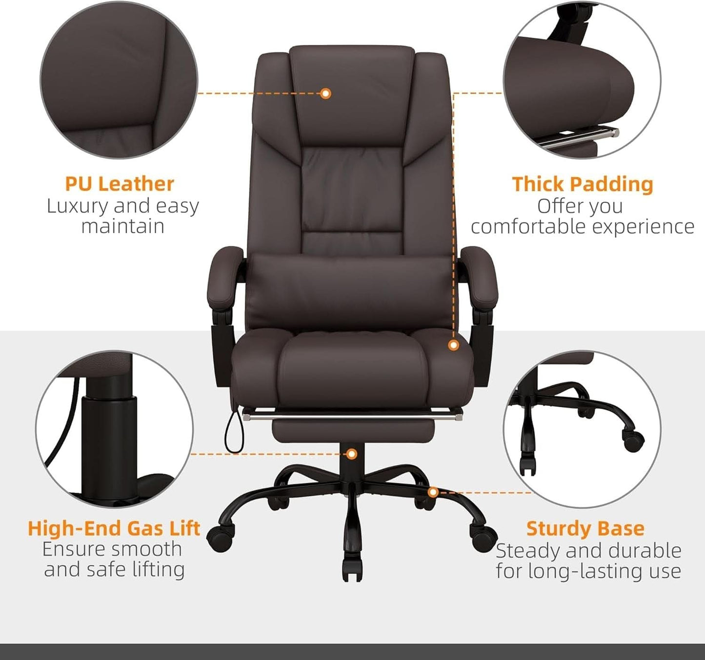 Brown High Back Massage Office Chair With 6 Vibration Points
