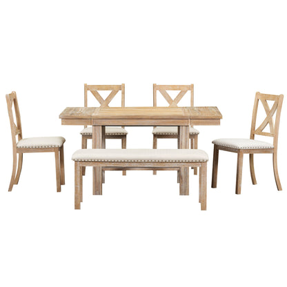 Farmhouse 82inch 6-Piece Extendable Dining Table with Footrest, 4 Upholstered