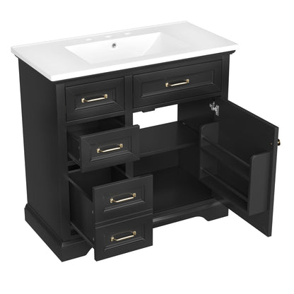 36-Inch Bathroom Vanity with Ceramic Sink Top, 4 Drawers and 1 Soft-Close Door