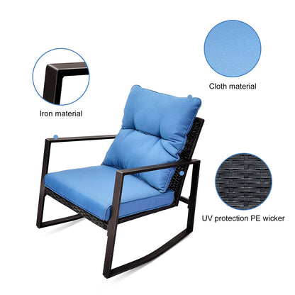 Outdoor Bistro Set Wicker Iron Blue 3 Piece Rocking Chairs Cushions Seats 2