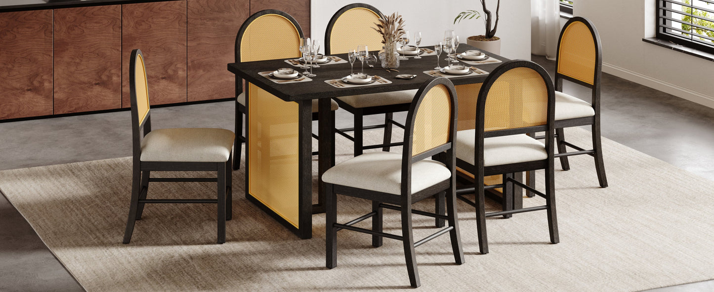 7-Piece Farmhouse Dining Table Set for 6, 59.8 in Rectangular Table with Rattan Chairs